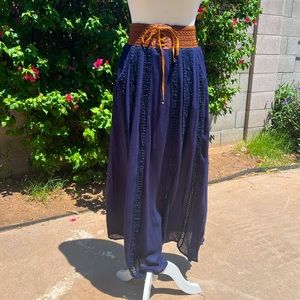 Navy and Tan Leather Lace Up High Waisted Maxi Skirt